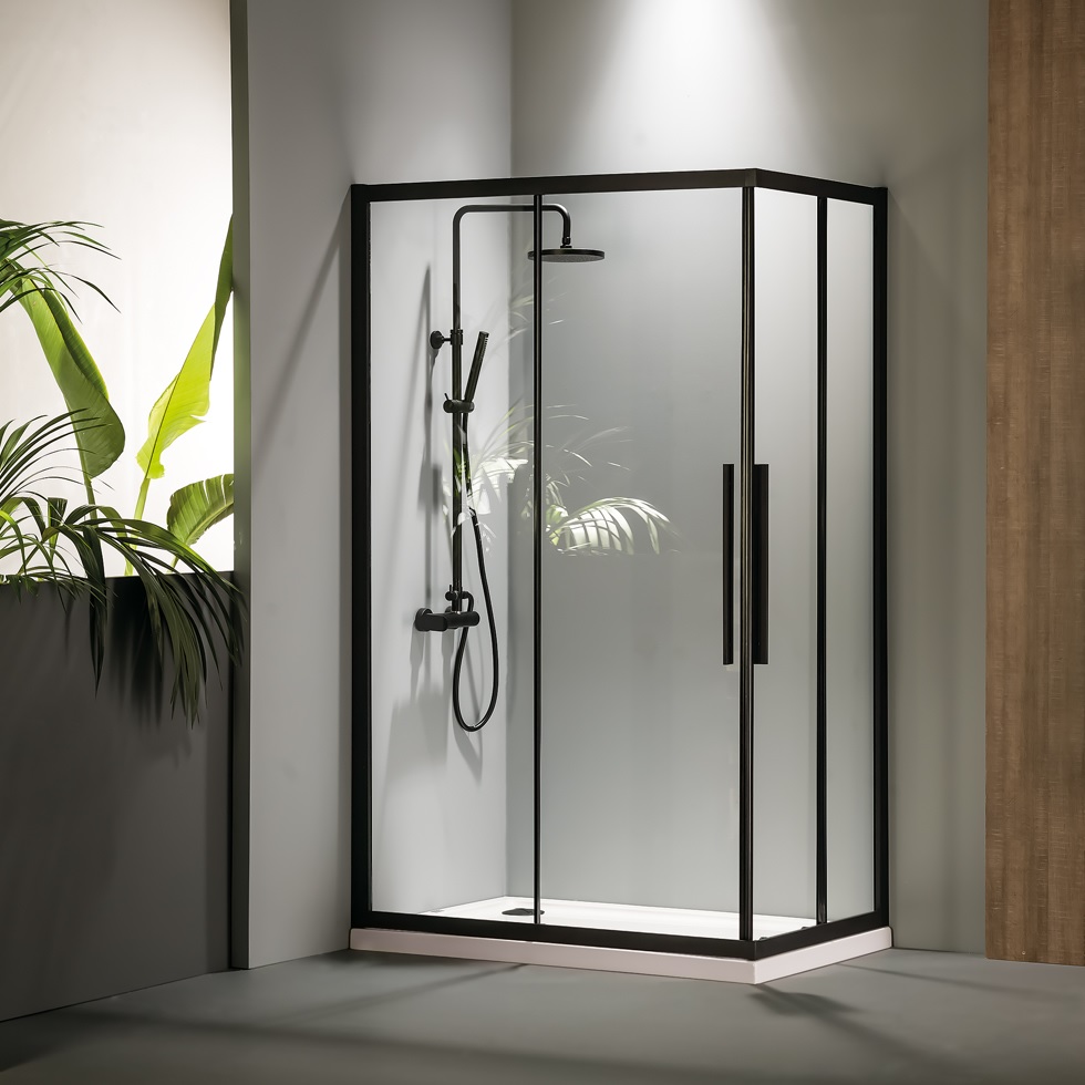 flow20black-3.jpg ΚΑΜΠΙΝΑ ΠΑΡΑΛΛΗΛΟΓΡΑΜΜΗ FLOW CORNER ENTRY CLEAN GLASS BLACK MAT 80Χ120Χ195CM - Image 1